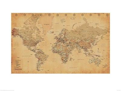 Kunstdruk World Map Vintage Style 60x80cm