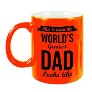 Worlds Greatest Dad cadeau mok / beker neon oranje 330 ml - Vaderdag / verjaardag - feest mokken