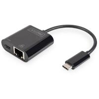 Digitus USB-C, RJ45 Adapter [1x USB-C stekker - 1x RJ45-bus, USB-C bus] DN-3027 Incl. RJ45-bus, Met laadbus, Met USB