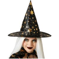 Halloween heksenhoed - met sterren - one size - zwart/goud - meisjes/dames - thumbnail