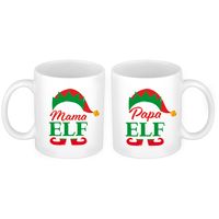 Set van 2x mokken Pappa en Mama Elf koffiemok / theebeker kerstcadeau ouders 300 ml