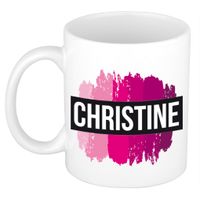 Naam cadeau mok / beker Christine met roze verfstrepen 300 ml - thumbnail