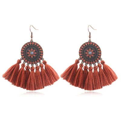 Bohemian Ibiza oorbellen hangers met katoenen kwastjes kleur bruin