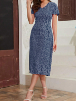 Women's Short Sleeve Summer Dark Blue Floral V Neck Daily Casual Midi Dress