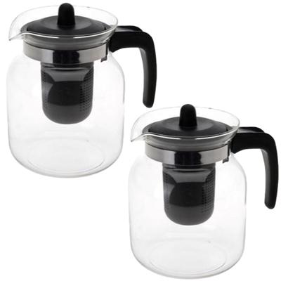 Theepot met filter - 6x stuks - 1,5 liter - zwart - filter - glas - D16 x H17 cm