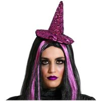 Halloween heksenhoed - mini hoedje op diadeem - one size - paars glitter - meisjes/dames