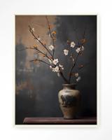 Urban Cotton Wandkleed 'Dark Blossom Vase' 145 x 190cm in Floating Frame - off white