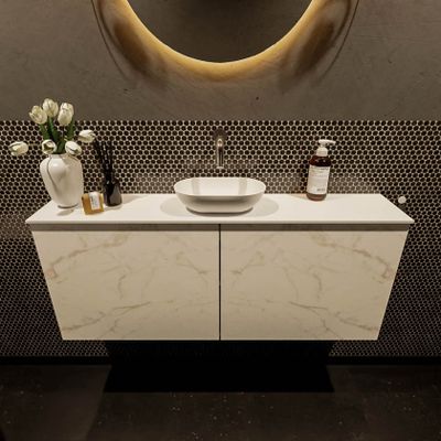 Mondiaz Fowy toiletmeubel 120cm Carrara met blad en waskom talc midden zonder kraangat