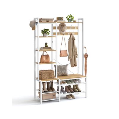 Kapstok met schoenenbank van spaanplaat vintage bruin-inktzwart, gouden eikenkleur + wolk vrouwelijk