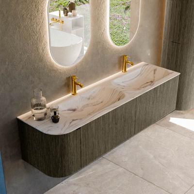 Badmeubel Mondiaz Kurve-Dlux | 165 cm | Meubelkleur Shadow | Wastafelkleur Nata | Solid surface | Dubbel / Rechts spoelbak | 2 kraangaten