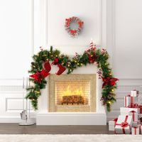 270 cm Kerstslinger met Verlichting 50 Leds Warmwit Kunstmatige Dennenslinger met Dennenappels en Rode Bloemen Binnen en Buiten