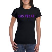 Zwart Las Vegas t-shirt met paarse glitter letters dames - thumbnail