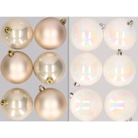 12x stuks kunststof kerstballen mix van champagne en parelmoer wit 8 cm - thumbnail