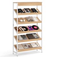 Boekenrek met 6 Verdiepingen 161 cm Vrijstaand Opslagrek met Schuine Display Staand Rek met Metalen Frame Naturel