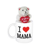 Cadeau beker I Love Mama + beertje met hartje - Moederdag/ Moeder cadeautje - feest mokken