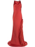 LAPOINTE robe longue satinée bordée de plumes - Rouge