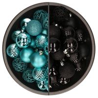 74x stuks kunststof kerstballen mix zwart en turquoise blauw 6 cm - Kerstbal - thumbnail