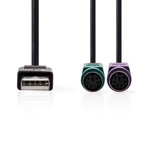 Nedis 2-in-1-Kabel | USB 2.0 | USB-A Male | 2x PS/2 Female | 480 Mbps | 0.30 m | Vernikkeld | Rond | PVC | Zwart | Doos - CCGB60830BK03