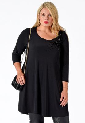 Yoek Tuniek wide bot pailletten | Zwart | Maat Plus