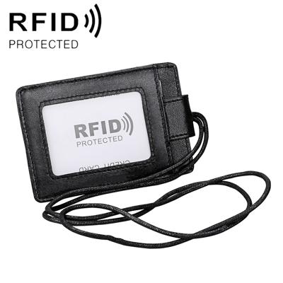 KB153 Antimagnetic RFID Leather Card Holder ID Card Badge with Lanyard (Black)