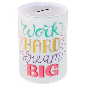 Spaarpot blik Tekst Work Hard Dream Big - gekleurd - 10 x 15 cm - Kinderen/volwassenen