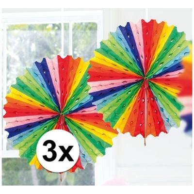 Decoratie waaier van papier - 3x - Honeycomb - regenboog - Dia 45 cm - Feest versiering