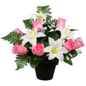 Kunstbloemen boeket lelie/roos in pot - wit/roze - H30 cm - Bloemstuk - Bladgroen