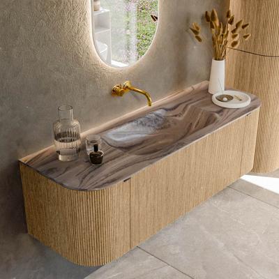 Badmeubel Mondiaz Kurve-Dlux | 140 cm | Meubelkleur Oak | Wastafelkleur Sombra | Solid surface | Wasbak midden spoelbak | Zonder kraangat(en)