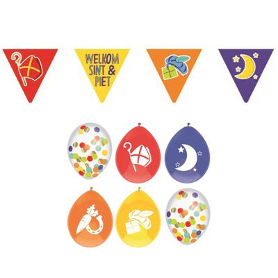 Haza Sinterklaas versiering - 3x rode vlaggenlijnen - van 6 meter - en 30x ballonnen Haza Sinterklaas versiering - 3x rode vlaggenlijnen - van 6 meter - en 30x ballonnen