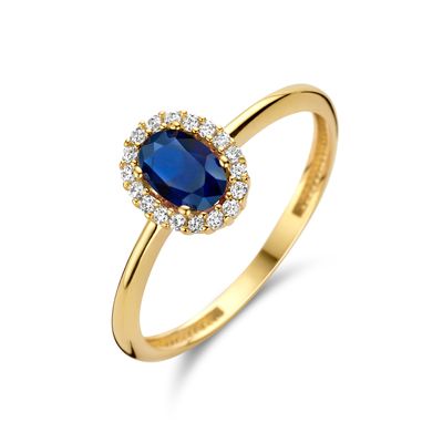 Ring geelgoud-synth. saffier-zirconia blauw-wit 8,5 mm