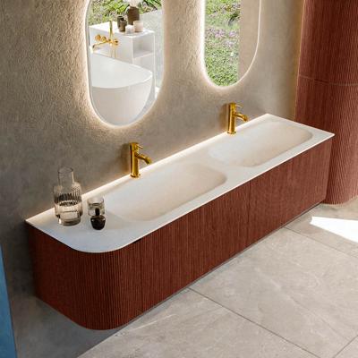 Badmeubel Mondiaz Kurve | 175 cm cm | Meubelkleur Ruby | Wastafelkleur Talc | Solid surface | Dubbel / Rechts spoelbak | 2 kraangaten