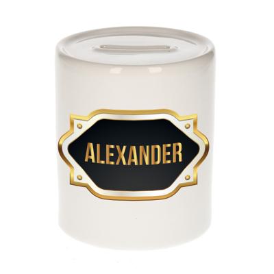 Spaarpot met voornaam Alexander - wit - goud/zwart embleem - 8 x 9 cm - keramiek - afsluitdop