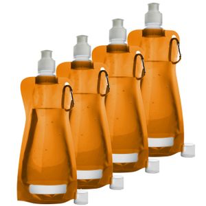 Waterfles/drinkfles opvouwbaar - 10x - oranje - kunststof - 420 ml - schroefdop - karabijnhaak