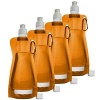 Waterfles/drinkfles opvouwbaar - 10x - oranje - kunststof - 420 ml - schroefdop - karabijnhaak