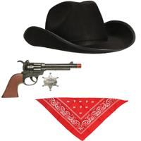 Boland - Carnaval verkleed set - cowboyhoed zwart - rode zakdoek - en pistool
