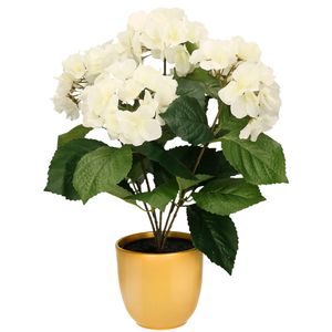 Hortensia kunstplant/kunstbloemen 40 cm - wit - in pot okergeel glans