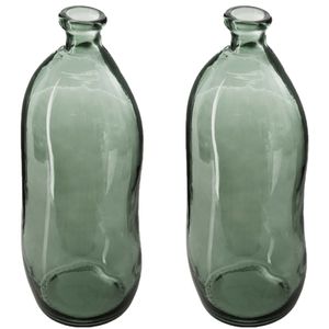 Bloemenvaas - 2x - Organische fles vorm - groen transparant - glas - H36 x D15 cm