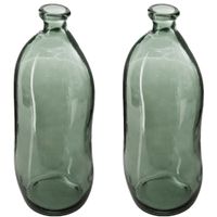 Bloemenvaas - 2x - Organische fles vorm - groen transparant - glas - H36 x D15 cm