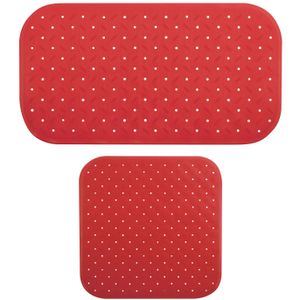 MSV Douche/bad anti-slip matten set badkamer - rubber - 2x stuks - rood - 2 formaten