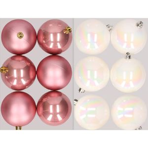 12x stuks kunststof kerstballen mix van oudroze en parelmoer wit 8 cm   -