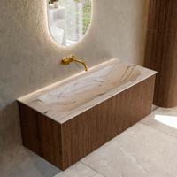 Badmeubel Mondiaz Kurve-Dlux | 110 cm | Meubelkleur Walnut | Wastafelkleur Nata | Solid surface | Wasbak midden spoelbak | Zonder kraangat(en)