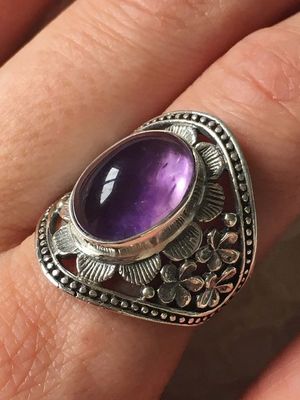 Ethnic Vintage Natural Purple Crystal Flower Pattern Silver Ring Boho Jewelry