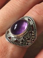 Ethnic Vintage Natural Purple Crystal Flower Pattern Silver Ring Boho Jewelry - thumbnail