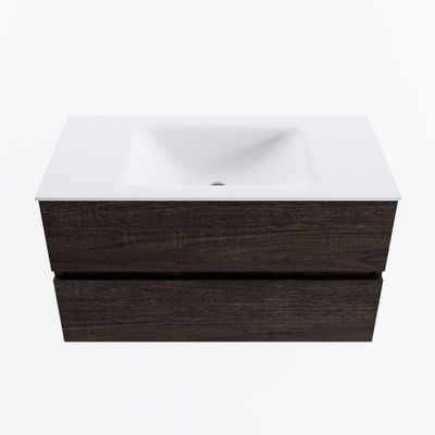 MONDIAZ VICA 90cm badmeubel onderkast Dark Brown 2 lades. Wastafel CLOUD midden 1 kraangat, kleur Talc.