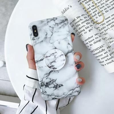 Marmer anti-drop TPU bescherming achtercover voor iPhone XS Max met opvouwbare houder (grijs)