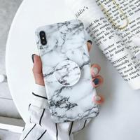 Marmer anti-drop TPU bescherming achtercover voor iPhone XS Max met opvouwbare houder (grijs)