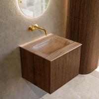 Badmeubel Mondiaz Kurve-Dlux | 50 cm | Meubelkleur Walnut | Wastafelkleur Saba | Solid surface | Wasbak midden spoelbak | Zonder kraangat(en)