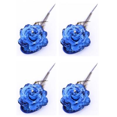 Spaanse of Hawaii thema haarbloem - 4x stuks - blauw - met speld/elastiek - verkleden - kunststof