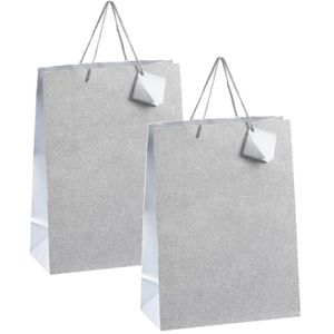 Set van 6x stuks luxe papieren giftbags/cadeau tasjes zilver met glitters 25 x 33 x 12 cm