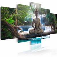 Schilderij - Boeddha - Voor een Waterval,  5luik , groen blauw , premium print op canvas - thumbnail